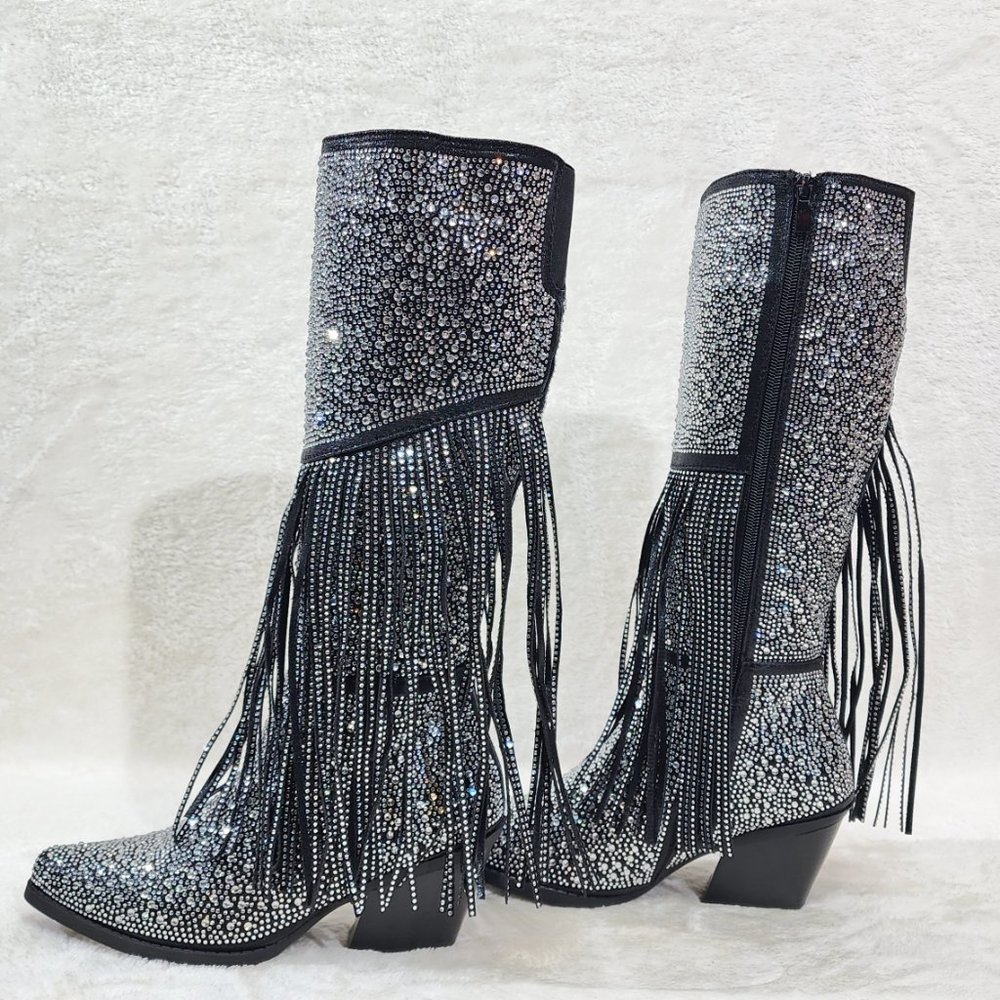 Western Diva Black Asymmetrical Fringe Rhinestone Glam Cowgirl Boots
